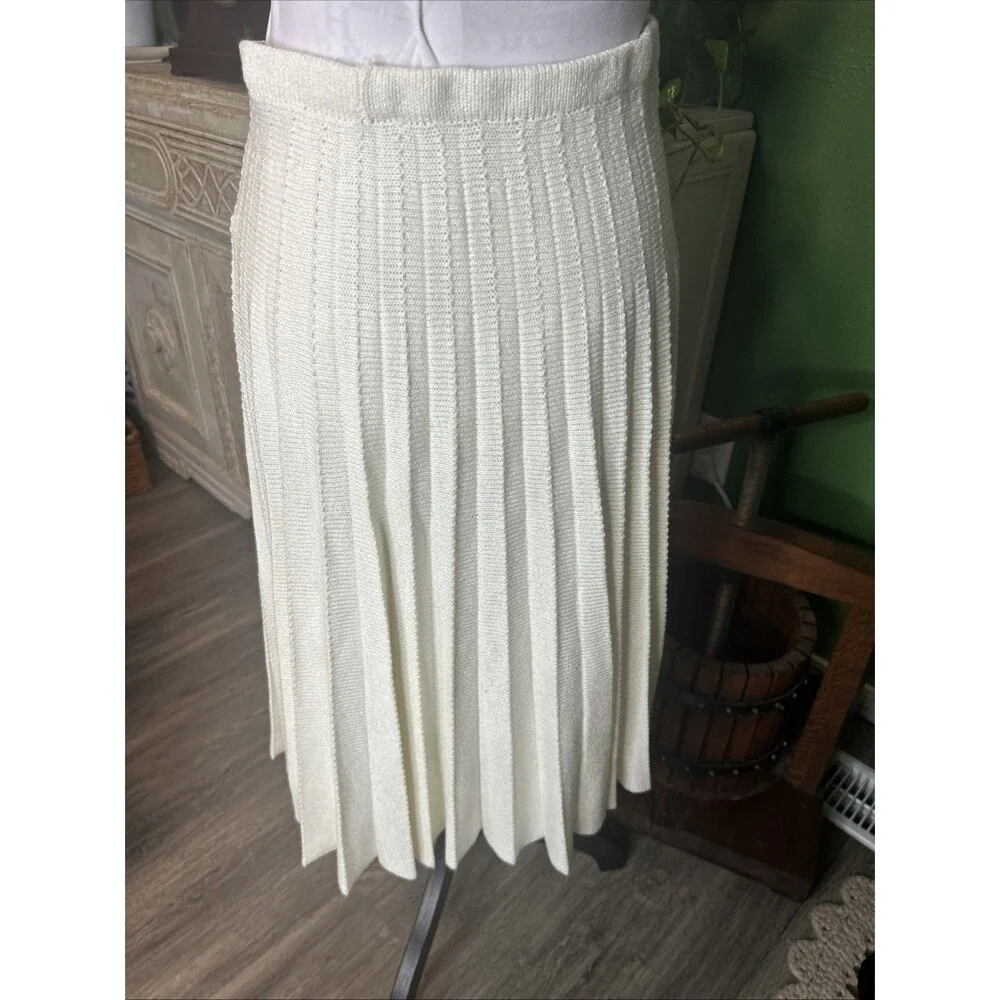 Vintage Ivory Pleated Midi Fine Knit Sweater Skirt-S Preppy Library Chic